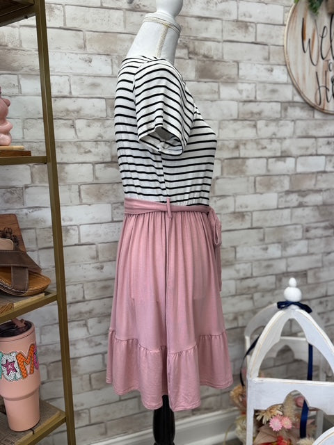 Striped & Pink Tie-Waist Dress