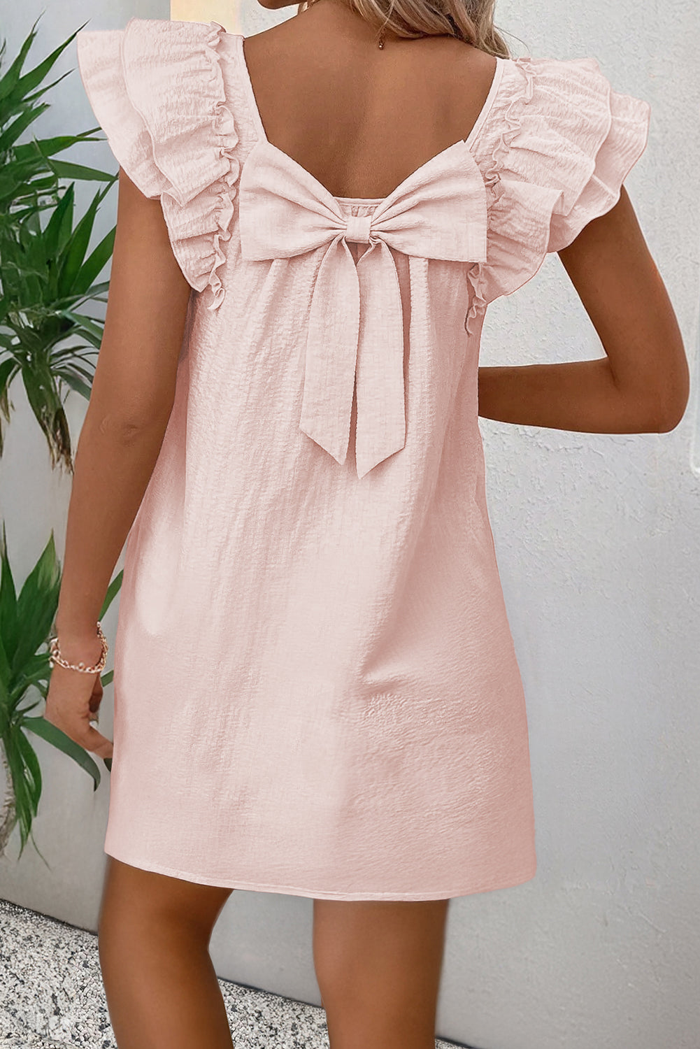 Light Pink Textured Flutter Sleeve Square Neck Bow Back Mini Dress Light Pink / L Light Pink Textured Flutter Sleeve Square Neck Bow Back Mini Dress Light Pink / L