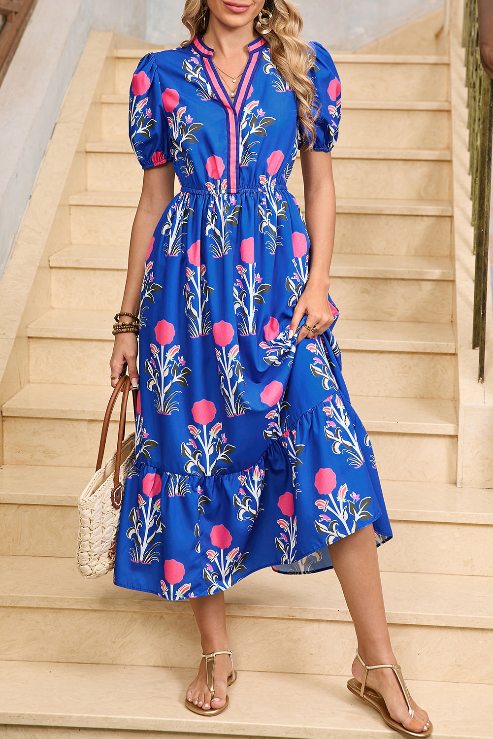 skyblue color dress Sky Blue Floral Ruffle Hem Pop of Color Neckline Dress White / M