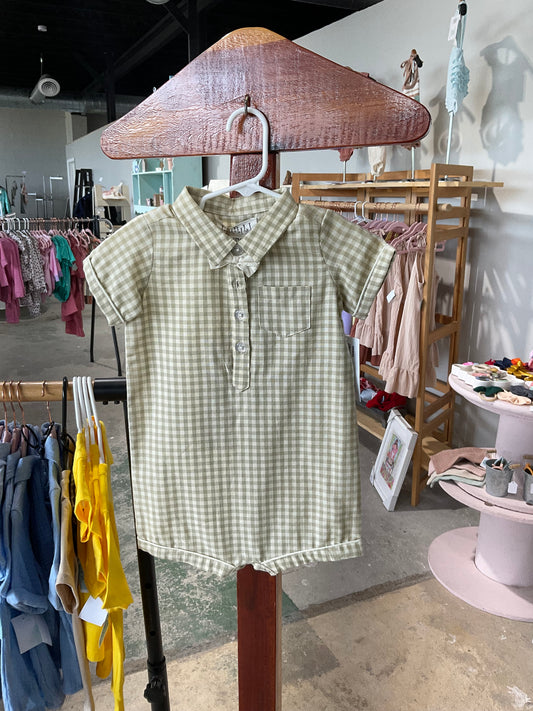 Green Gingham Bow tie Romper