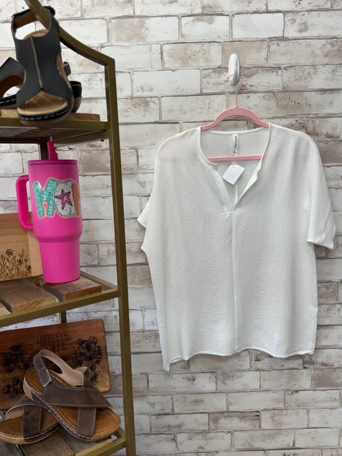 White Textured V-Neck Top