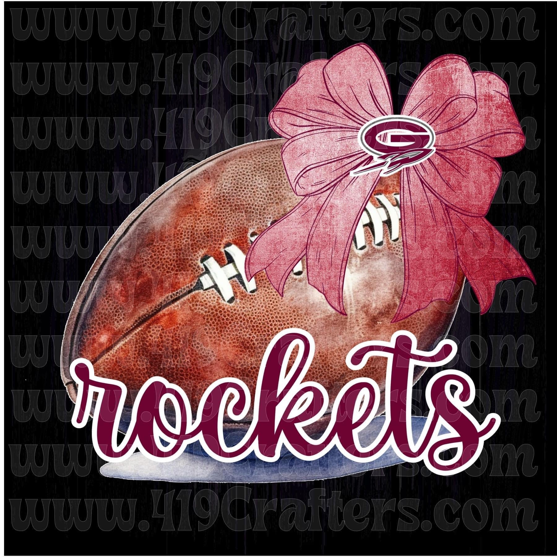 Red Rockets Script Football with Coquette Bow Marron and White Rockets Script DTF PRINT ...