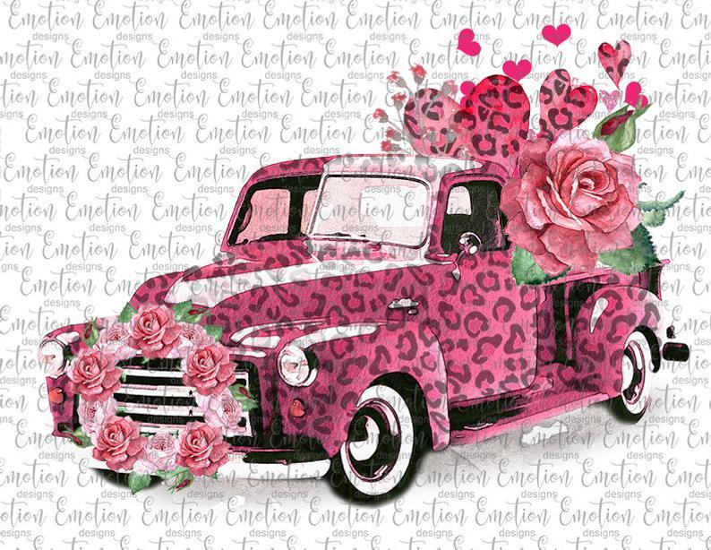 White Toner Laser Print  - Pink Valentine Truck with Roses